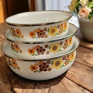 Vtg 1970s Crowning Touch Harvest Blossom Enamel Nesting Bowls Set of 3 MCM Retro